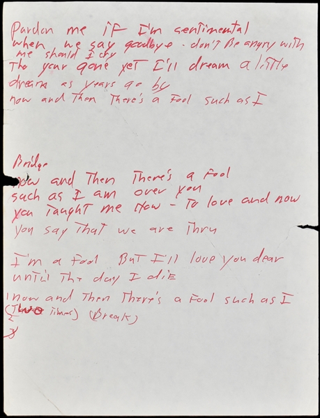 1970s Elvis Presley’s Stage Used Handwritten Lyrics “Fool Such as I”