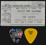 Stevie Ray Vaughan Signed Backstage Pass on a Yamaha 12-String Acoustic Guitar, 1990 Concert Ticket and Two 1980's Guitar Picks (BAS)