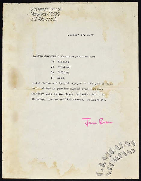 1975 Invitation to Lynyrd Skynyrd Record Release Party at Infamous Illegal NYC Nightclub “The Cobra” - “fishing, fighting, f**king, food”