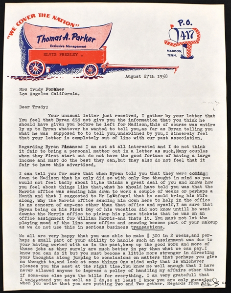 1958 Colonel Parker Signed Letter to Trude Forsher – A Long and Scathing Rebuke!