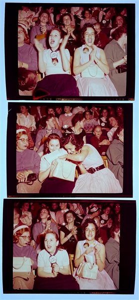 1956 Color Transparencies (3) of Elvis Presley Fans Screaming at 1956 Lousiana Hayride Concert Plus Newspaper Clipping (Former Lester Glassner Collection)