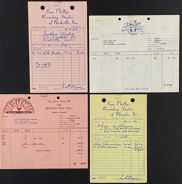 Sun Records/Sam Phillips Document/Receipt Collection (4) Featuring Orders for Carl Perkins "Blue Suede Shoes" Plus Johnny Cash, Scotty Moore and Charlie Rich