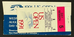 Wilt Chamberlain Signed 1991 US Open Tennis Courtside Ticket - Also Signed by Martina Navratilova and Don Mattingly (BAS)
