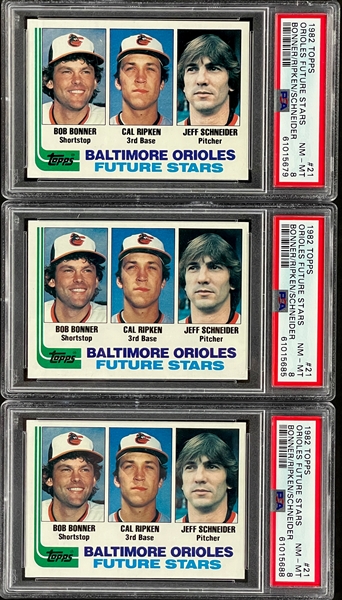 Trio of PSA NM-MT 8 1982 Topps #21 Orioles Future Stars Cal Ripken Rookie Cards 