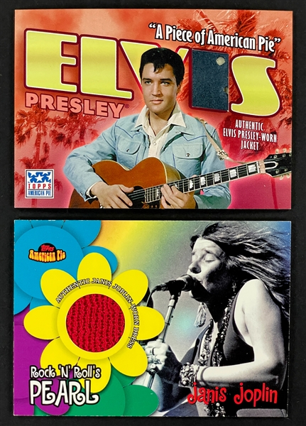2001 and 2002 Topps "American Pie" Elvis Presley and Janis Joplin Authentic Clothing "RELIC" Swatch Cards (2)