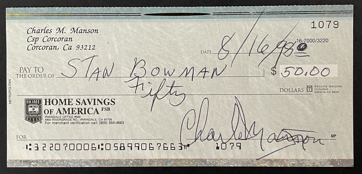 Charles Manson Signed Personal Check for $50 (JSA)
