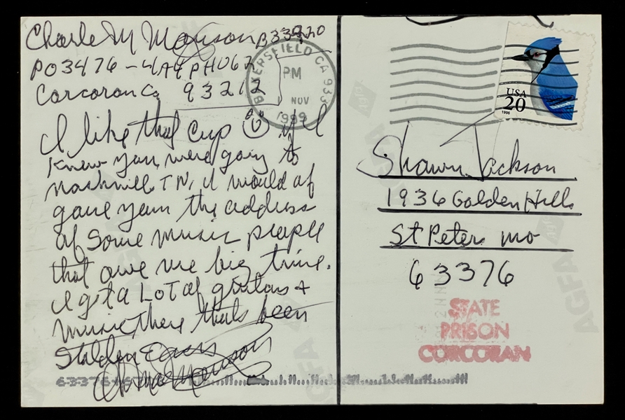 Charles Manson Twice-Signed and Handwritten Photograph Postcard (JSA)