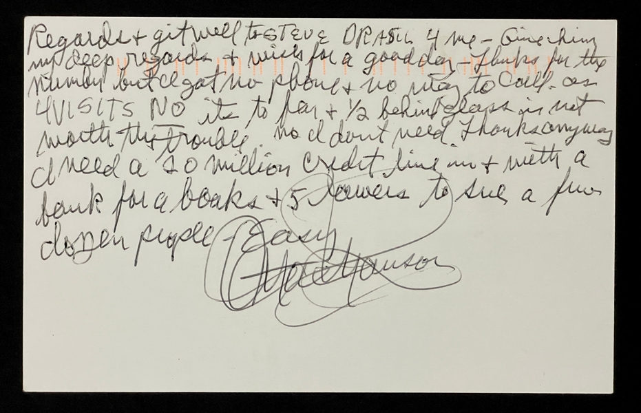 Charles Manson Twice-Signed and Handwritten Postcard (JSA)