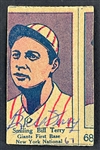 1928 W513 #67 Bill Terry Signed Strip Card (BAS)