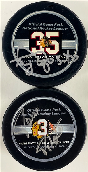 Tony Esposito and Pierre Pilote Signed Chicago Blackhawk "Retirement Night" Pucks (BAS)