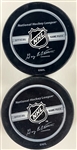 Tony Esposito and Pierre Pilote Signed Chicago Blackhawk Retirement Night Pucks (BAS)