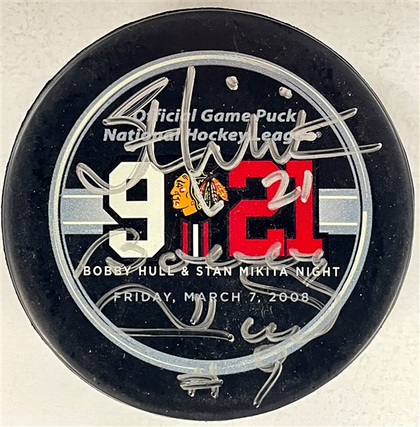 Stan Mikita and Bobby Hull Signed Chicago Blackhawk Retirement Night Puck (BAS)