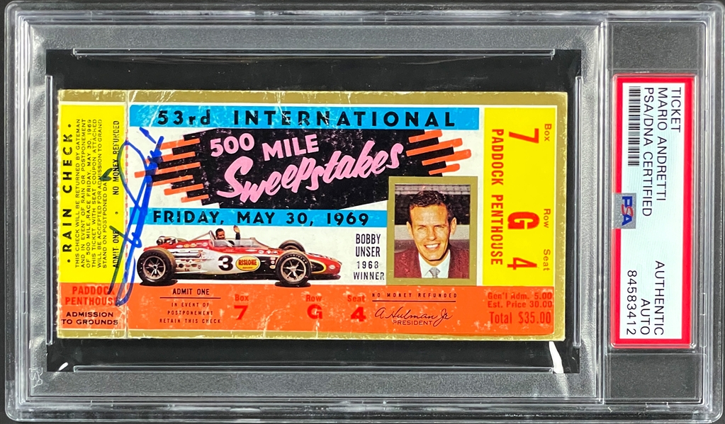 Mario Andretti Signed 1969 Indianapolis 500 Ticket - Encapsulated Authentic by PSA/DNA