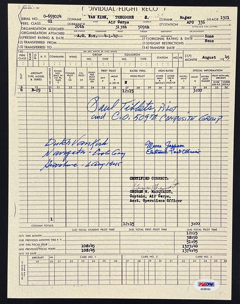 Enola Gay Crew Signed Flight Record - Paul Tibbets, Dutch Van Kirk and Morris R. Jeppson (PSA/DNA) 