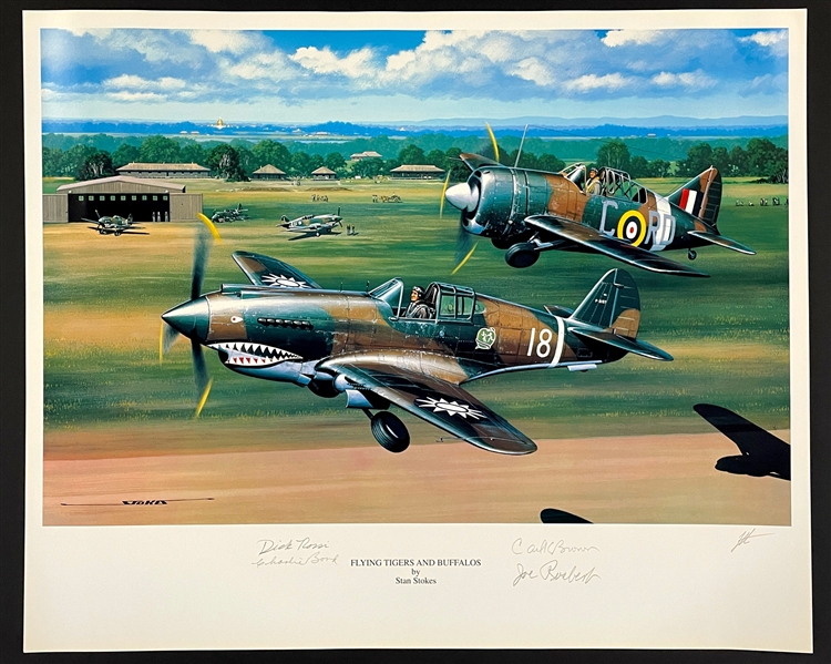 Dick Rossi, Charlie Bond, Carl Brown, Joe Rosbert Signed "Flying Tigers and Buffalos" Stan Stokes Aviation LARGE Artwork (AI Verified)