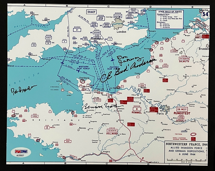 D-Day WW II Fighter Pilots Signed 8x10 Map of Invasion (PSA/DNA)