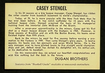 1965 Dugan Brothers Bakery Casey Stengel Card - Celebrating His Retirement