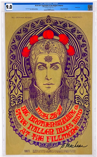 1967 Big Brother & The Holding Company Concert Poster (BG-65-OP-1) - Encapsulated CGC 9.0 - Signed by Artist Bonnie MacLean - Bill Graham Presents Fillmore Auditorium