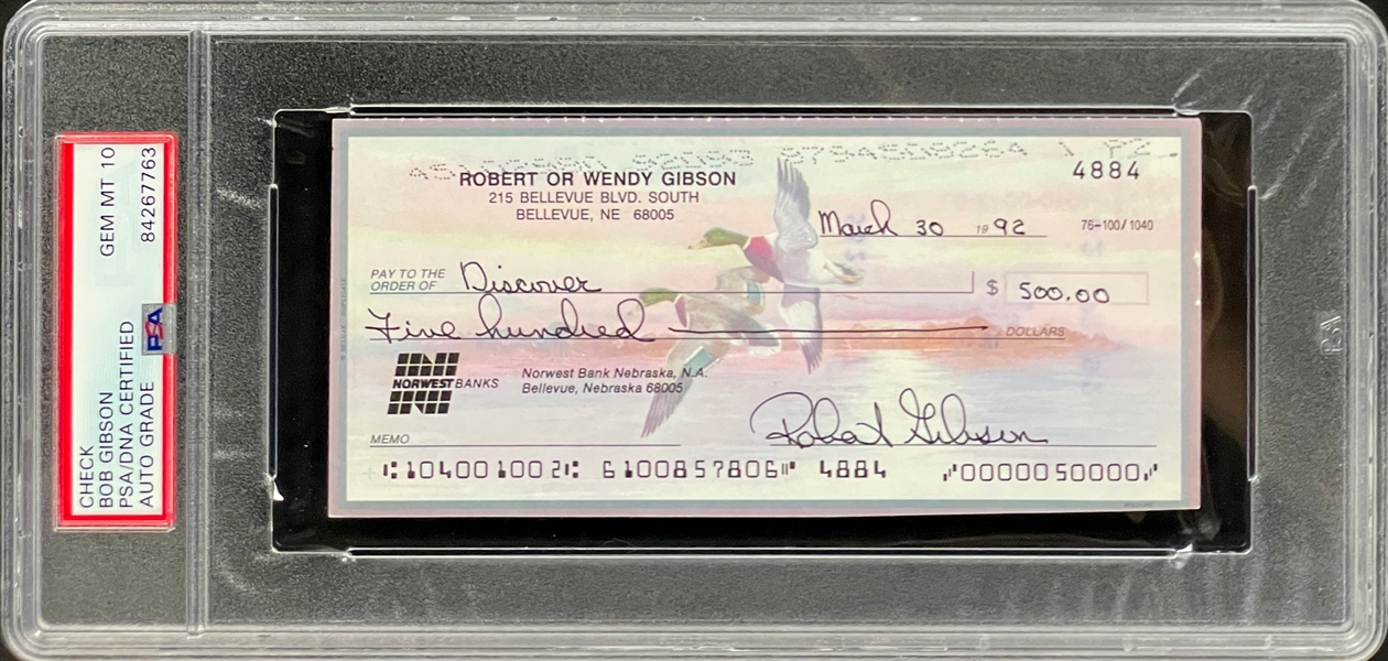 Bob Gibson Signed Personal Check - Encapsulated PSA/DNA GEM MINT 10