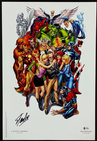 Stan Lee Signed Marvel Superheroes Poster - J. Scott Campbell/Scott Ruffino Artwork (BAS)