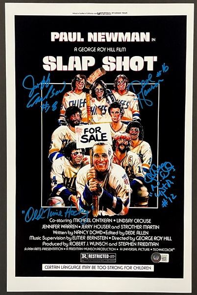 Hanson Brothers Signed <em>Slap Shot</em> Poster - "Old Time Hockey" Inscription (BAS)