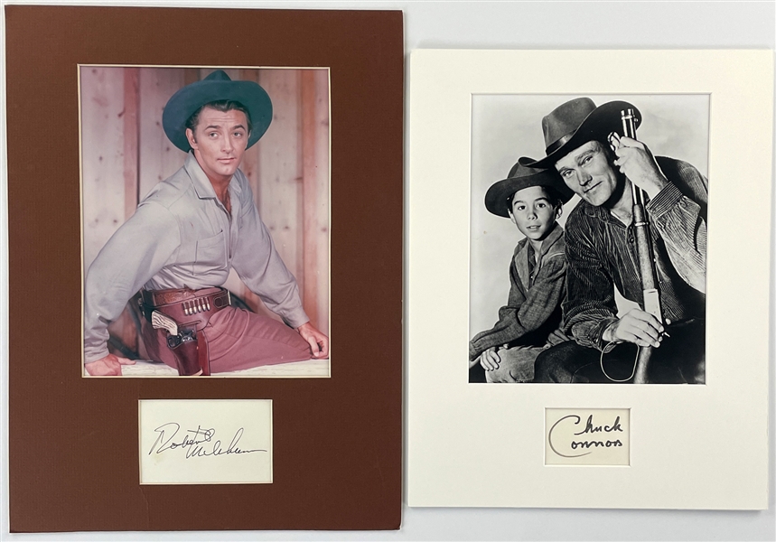 Hollywood Signed Index Card Collection of 6 Matted w/Photos (BAS) Incl. Robert Mitchum, Chuck Conners, Sophia Loren and Others