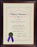 1965 BMI Award for "I Wont Forget You" to "Tuckahoe Music, Inc." (Jim Reeves Publishing Company)