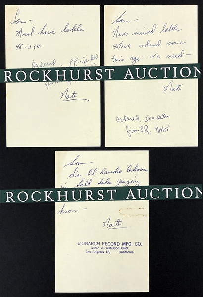 1955 Notes (3) From Monarch Record Mfg. Co. to Sam Phillips about Labels for Elvis Presley Records