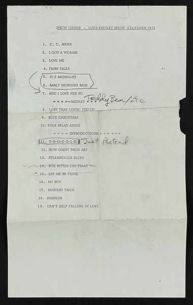 1975 Elvis Presley Show Las Vegas Hilton Stage Used Set List - December 1975 