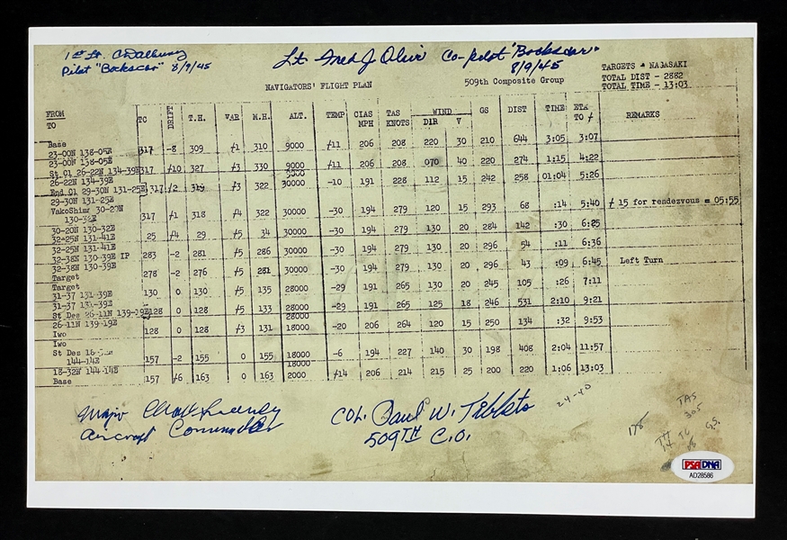 Nagasaki Bombing "Bockscar" Crew Signed Navigators Flight Plan Incl. Paul Tibbets, Charles Sweeney, Albury and Fred Olivi (PSA/DNA)