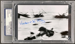 D-Day Soldier Huston "Hu" Riley Signed Famous Robert Capa Photo of Him on Omaha Beach Encapsulated by PSA/DNA