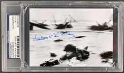 D-Day Soldier Huston Hu Riley Signed Famous Robert Capa Photo of Him on Omaha Beach Encapsulated by PSA/DNA
