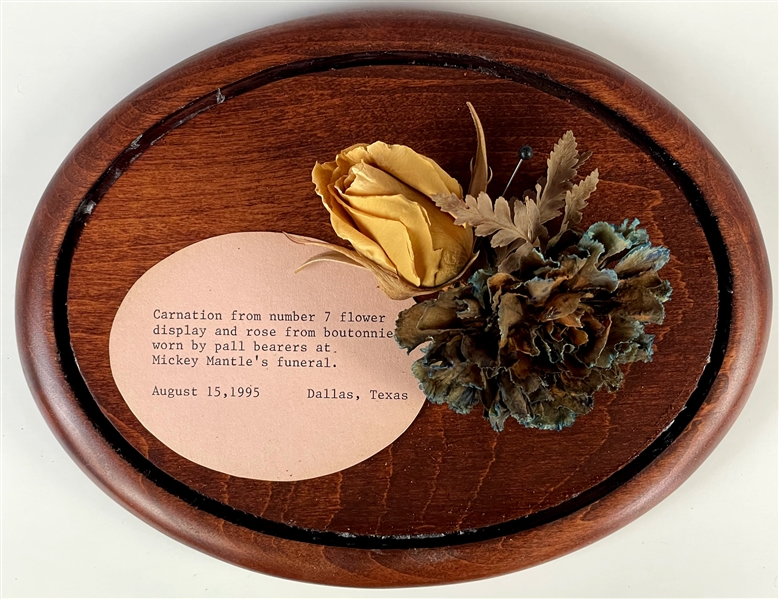 1995 Mickey Mantle Funeral Carnation from "7" Flower Arrangement and Pallbearer Bobby Murcers Boutonniere Rose in Domed Display