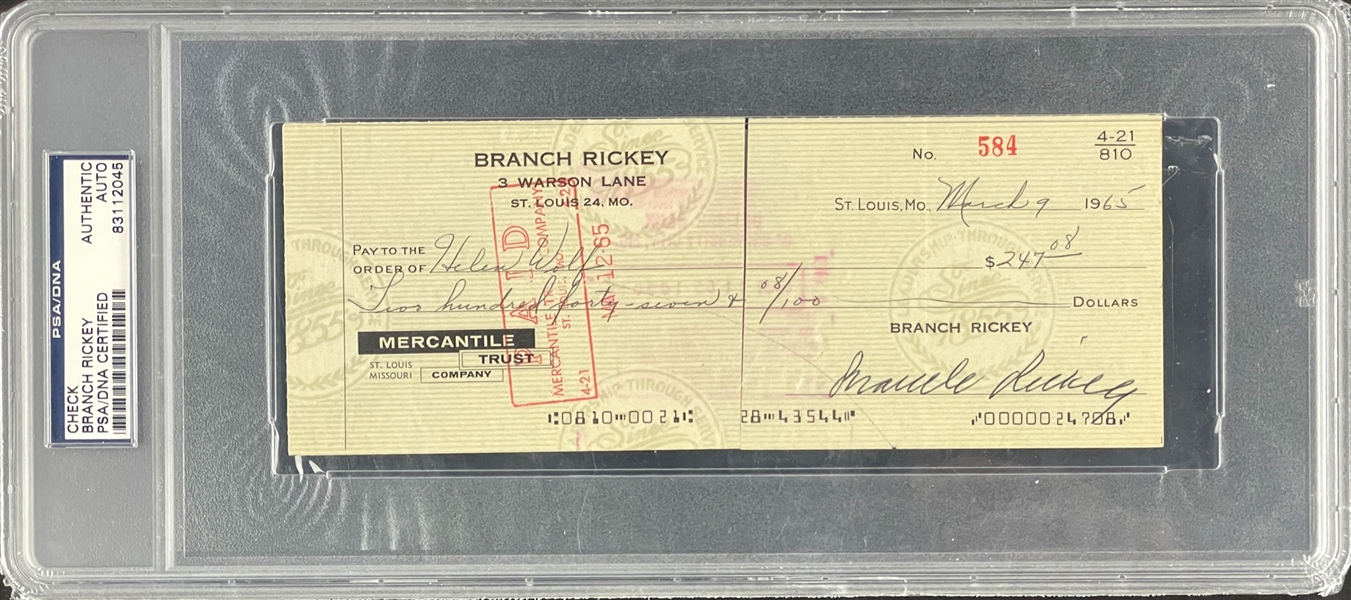 1965 Branch Rickey Signed Personal Check - Encapsulated PSA/DNA