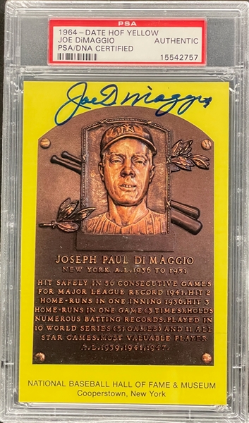 Joe DiMaggio Signed Yellow Hall of Fame Plaque Encapsulated PSA/DNA