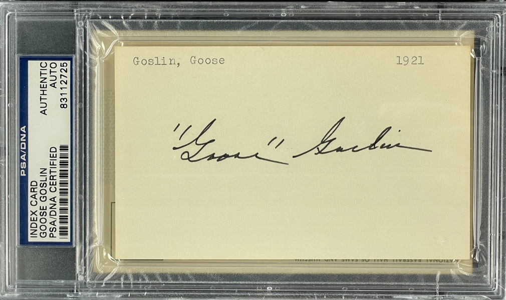 Goose Goslin Signed Index Card  with Yellow Hall of Fame Plaque Encapsulated PSA/DNA