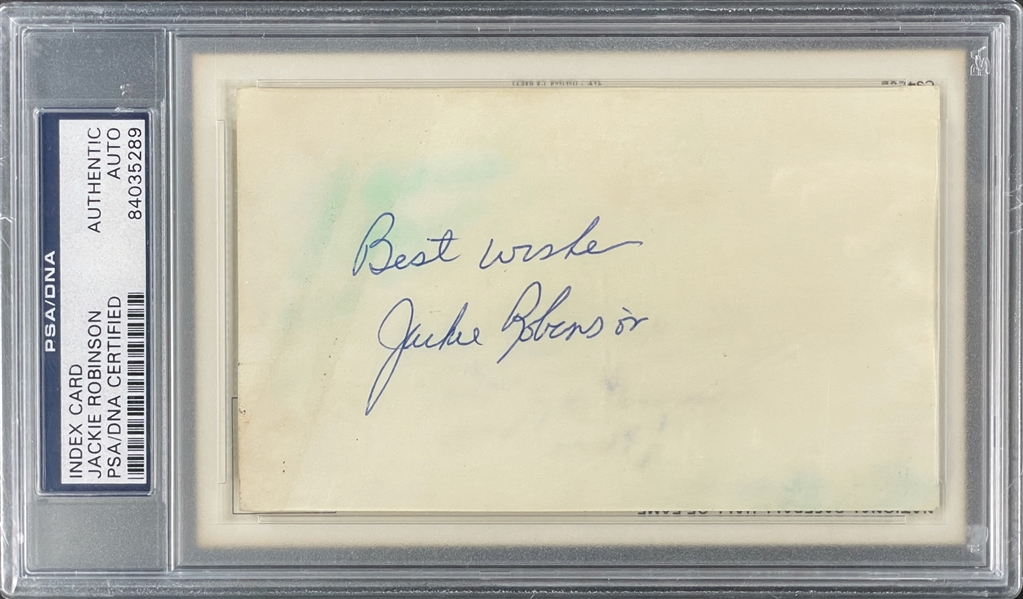 Jackie Robinson Signed Index Card with Yellow Hall of Fame Plaque Encapsulated PSA/DNA