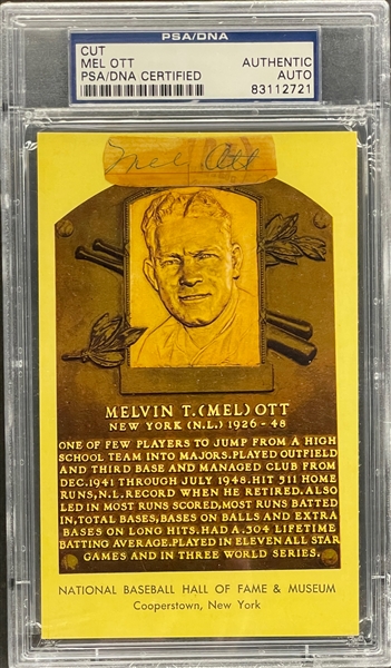 Mel Ott Cut Signature on Yellow Hall of Fame Plaque Encapsulated PSA/DNA