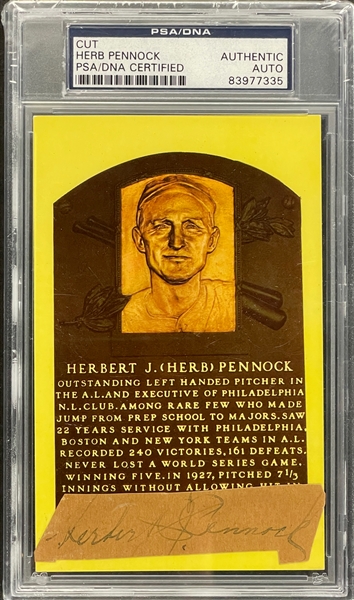 Herb Pennock Cut Signature on Yellow Hall of Fame Plaque Encapsulated PSA/DNA