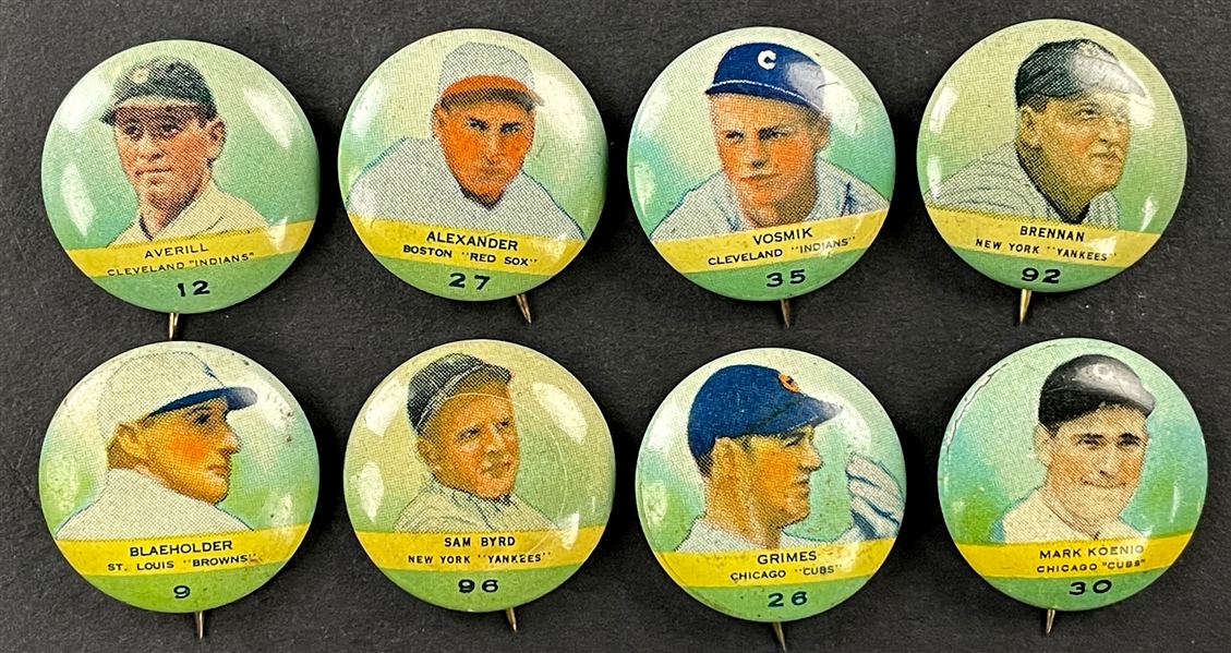 1932 P2 Orbit Gum Pins Collection of 8 - Near Mint Group of HOFers