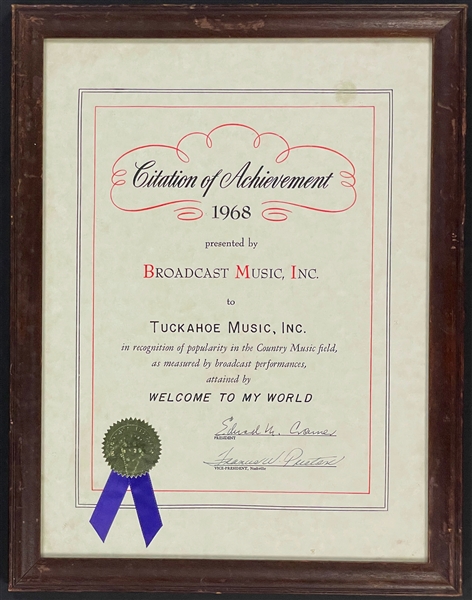 1968 BMI Award for "Welcome to My World" to "Tuckahoe Music, Inc." (Jim Reeves Publishing Company)