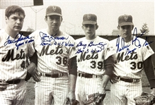 1969 Miracle Mets  Pitchers Signed 16x20 Photo with WS Game Wins/Saves Inscriptions - Tom Seaver, Jerry Koosman, Gary Gentry and Nolan Ryan (Beckett Authentic)