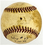 1946 Mickey Harris Win #13 (7-18-46) Game Used Baseball - From his 17-Win Season