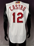 2001 Juan Castro Signed Cincinnati Reds Game Used Home Pinstripe Vest - with 9-11 American Flag Patch on Back