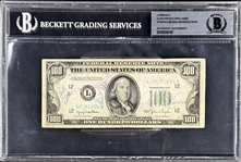 Elvis Presley Signed $100 Dollar Bill Also Signed by Ted Williams, Stan Musial, Casey Stengel and Others (Beckett Encapsulated)