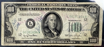 Elvis Presley Signed $100 Dollar Bill Also Signed by Ted Williams, Stan Musial, Casey Stengel and Others (Beckett Encapsulated)