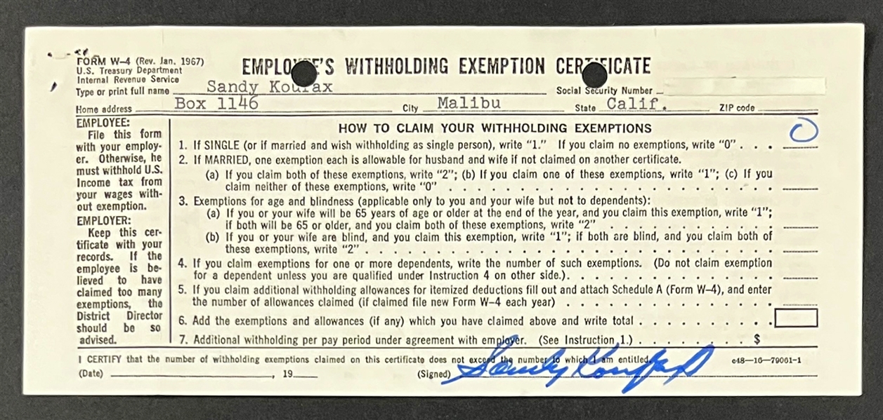 Sandy Koufax Signed 1967 IRS W-4 Form for His First Year of Retirement from the Los Angeles Dodgers (Beckett Authentic)